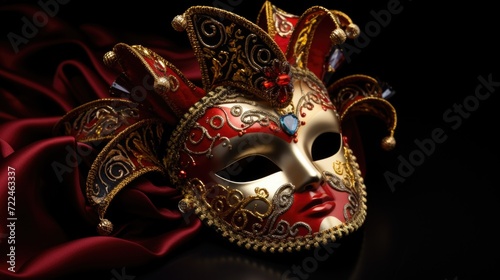A vibrant red and gold mask rests on a rich red cloth. Perfect for masquerade parties or theatrical productions © Fotograf