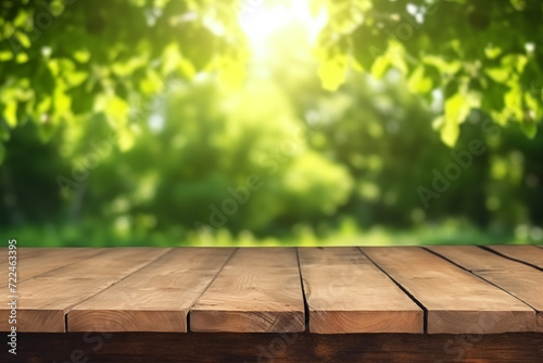 Wooden table and blurred green nature garden background. Old empty wooden table - green spring background