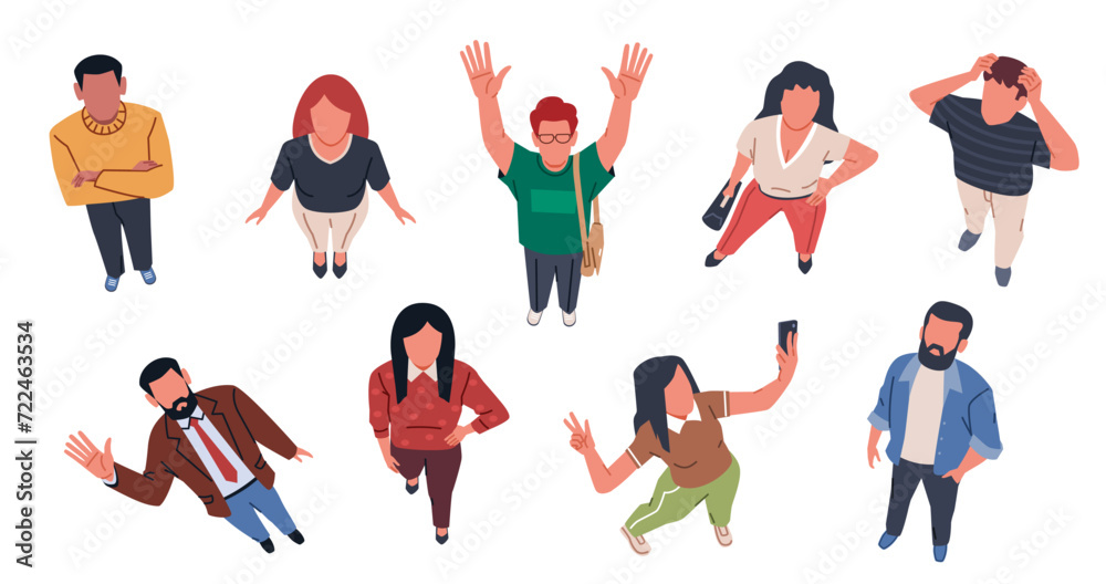 People looking up. Top view standing city persons, men and women look up and wave, surprised characters in flat style, pointing with finger and watching, making selfie, nowaday vector set