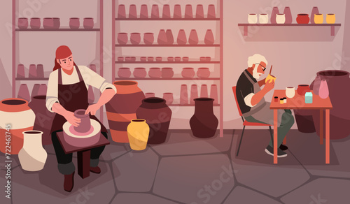 People hobby. Professional potters in workshop at work, making pottery process, master and student, craft learning, craftsman in creative art studio, cartoon flat tidy vector concept