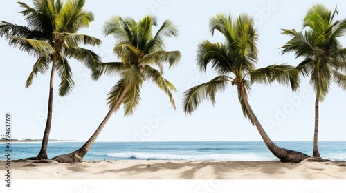 Palm trees standing tall on a sandy beach with the beautiful ocean in the background. Perfect for tropical vacation destinations