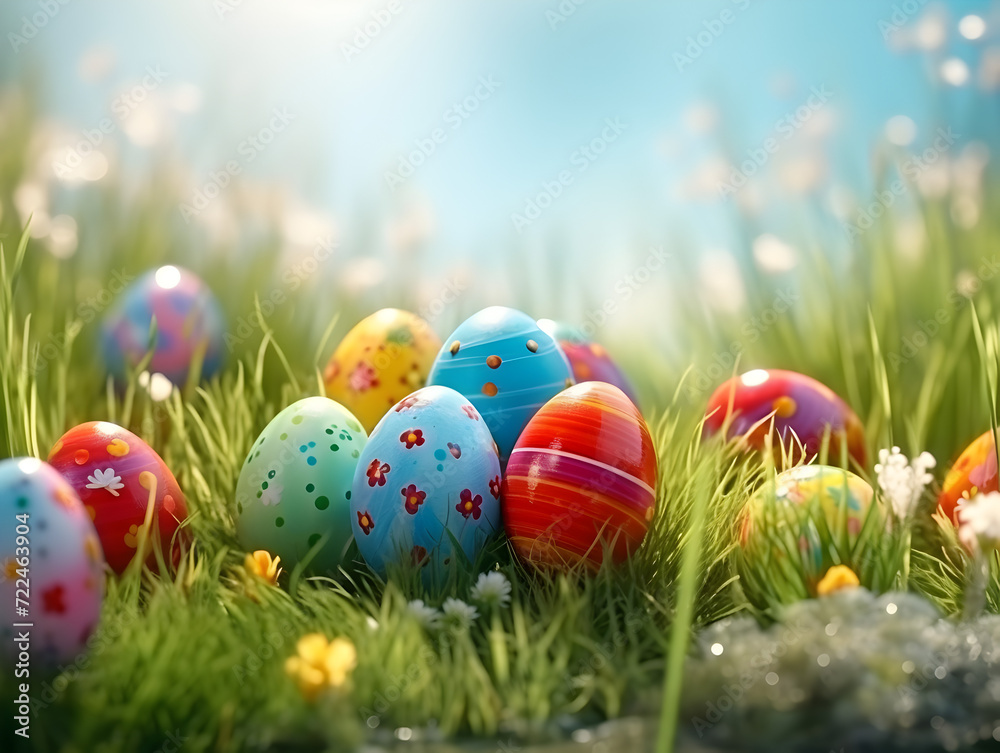 Colorful easter eggs in green spring grass meadow, abstract easter background 