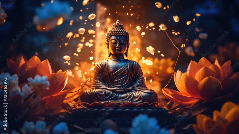 A serene Buddha statue adorned with vibrant flowers and illuminated by soft lights. Perfect for adding a peaceful and spiritual touch to any project or decor