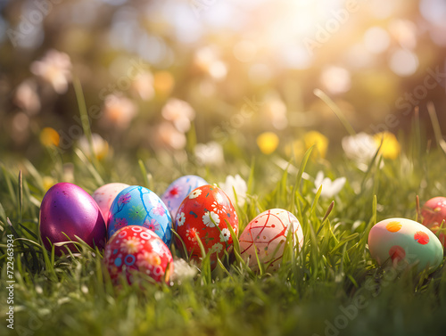 Colorful easter eggs in grain grass, blurry sunshine background 