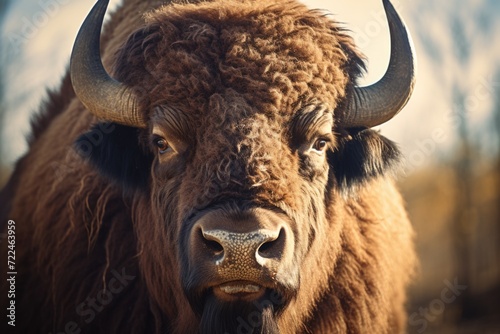 A close-up view of a bison showcasing its impressive large horns. Perfect for nature enthusiasts and wildlife photographers