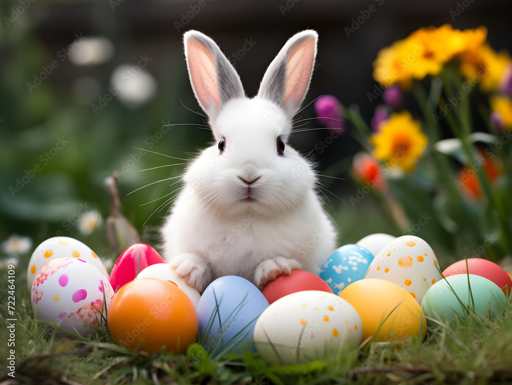 Cute white bunny with colorful easter eggs in green grass, blurry outdoor background Cute white bunny with colorful easter eggs in green grass, blurry outdoor background