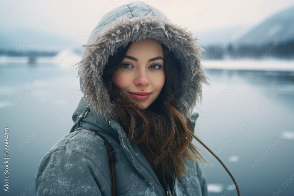 A woman wearing a hooded jacket stands in front of a serene body of water. This image can be used to depict solitude, nature, or peacefulness A woman wearing a hooded jacket stands in front of a serene body of water. This image can be used to depict solitude, nature, or peacefulness