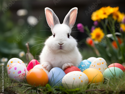 Cute white bunny with colorful easter eggs in green grass  blurry outdoor background 