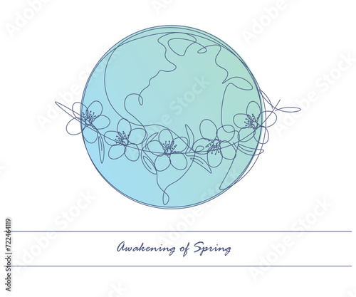 Line drawing, planet, globe, earth, spring is coming, the planet is blooming, environmentally friendly nature.