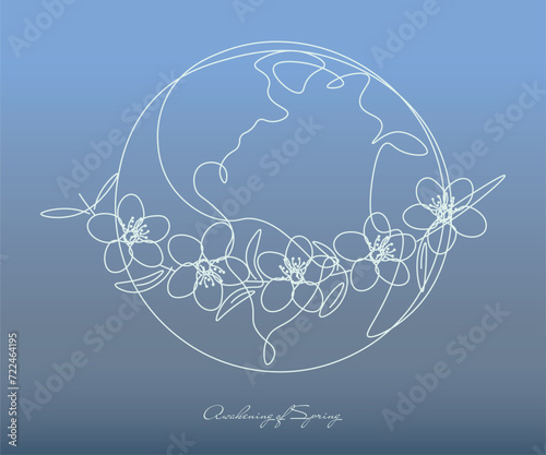 Line drawing, planet, globe, earth, spring is coming, the planet is blooming, environmentally friendly nature.