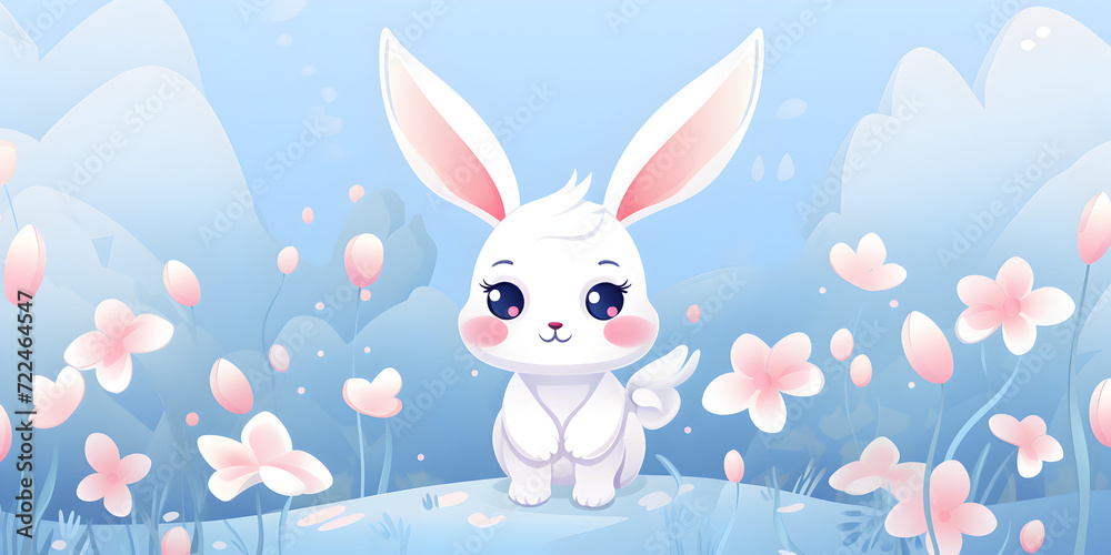 Obraz premium Illustration of a cute easter bunny on floral spring background 