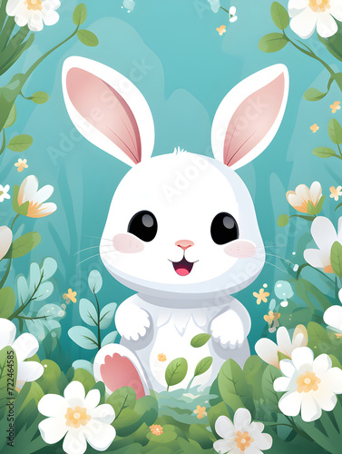 Illustration of a cute easter bunny on floral spring background 