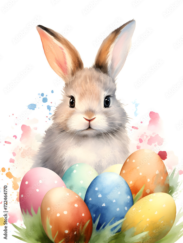 Watercolor illustration of a cute bunny with easter eggs on white background 