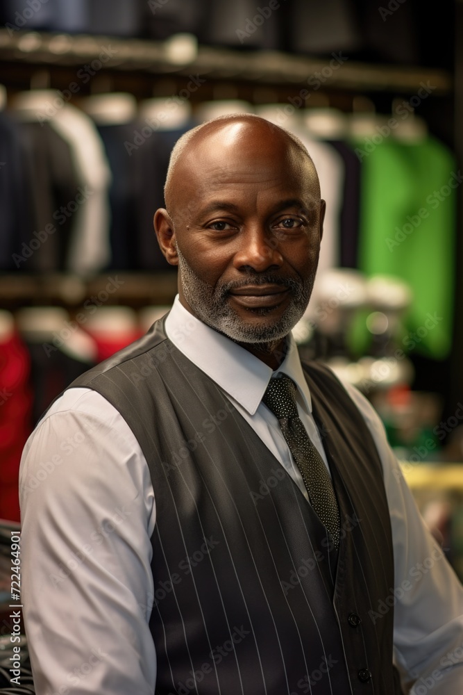 A man dressed in a vest and tie stands in a store. Suitable for business, retail, and fashion concepts