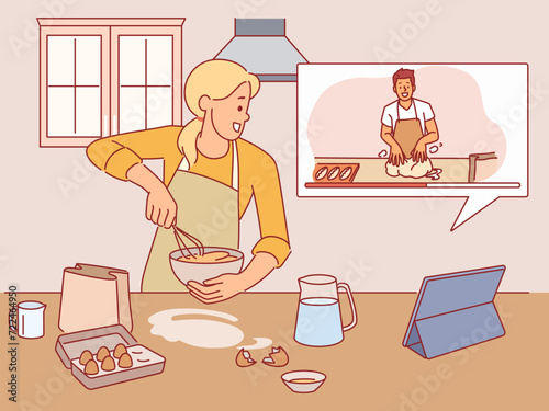 Girl cooks according to video recipe. Woman watches cooking blog, whipping eggs, online education, homemade food preparing, vlog or show channel with culinary tutorial cartoon vector concept