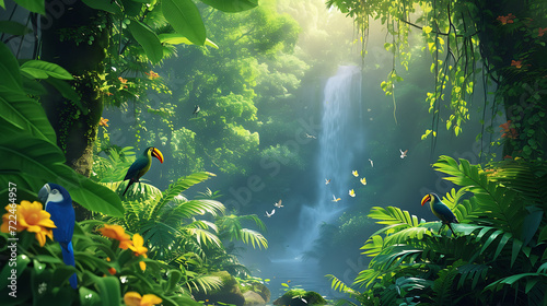 Discover the breathtaking beauty of a hidden oasis  where a lush jungle reveals a mesmerizing waterfall  surrounded by vibrant exotic birds. Immerse yourself in nature s captivating paradise.