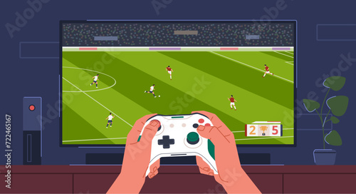 Gamer hands with console controller. Hands holding joystick, man is playing football simulator, guy front of screen, sport videogame, cartoon flat style isolated nowaday vector concept