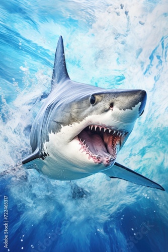 A shark with its mouth wide open in the water. Suitable for marine life and underwater themes