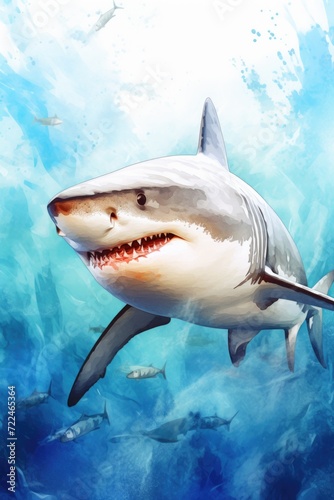 A painting of a shark swimming in the ocean. Suitable for marine life illustrations or educational materials