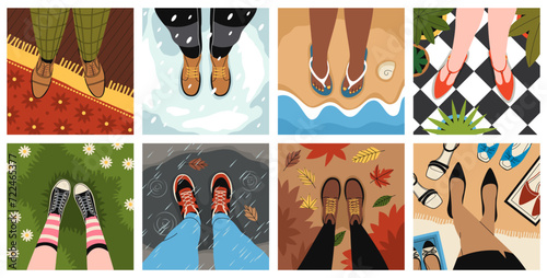 Feet selfie. Top view male and female legs in modern shoes, frames for social networks, different types locations and places, various seasons, cartoon flat isolated tidy vector set