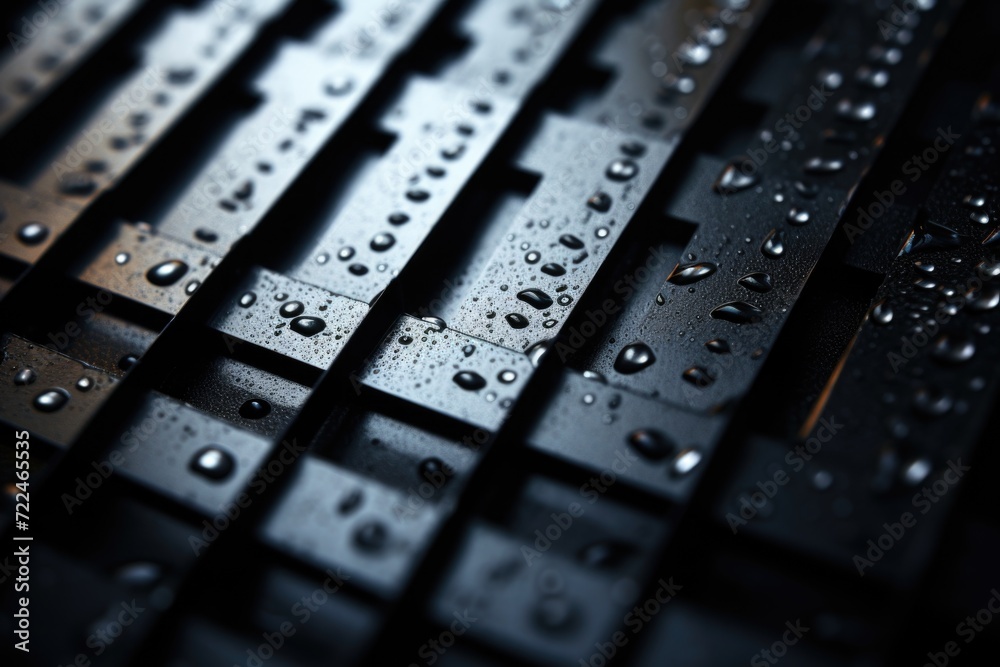 A close up of a keyboard covered in water droplets. Perfect for illustrating technology and water damage.