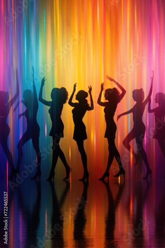Silhouettes of people dancing against a vibrant rainbow colored background. Perfect for party invitations or celebration themes