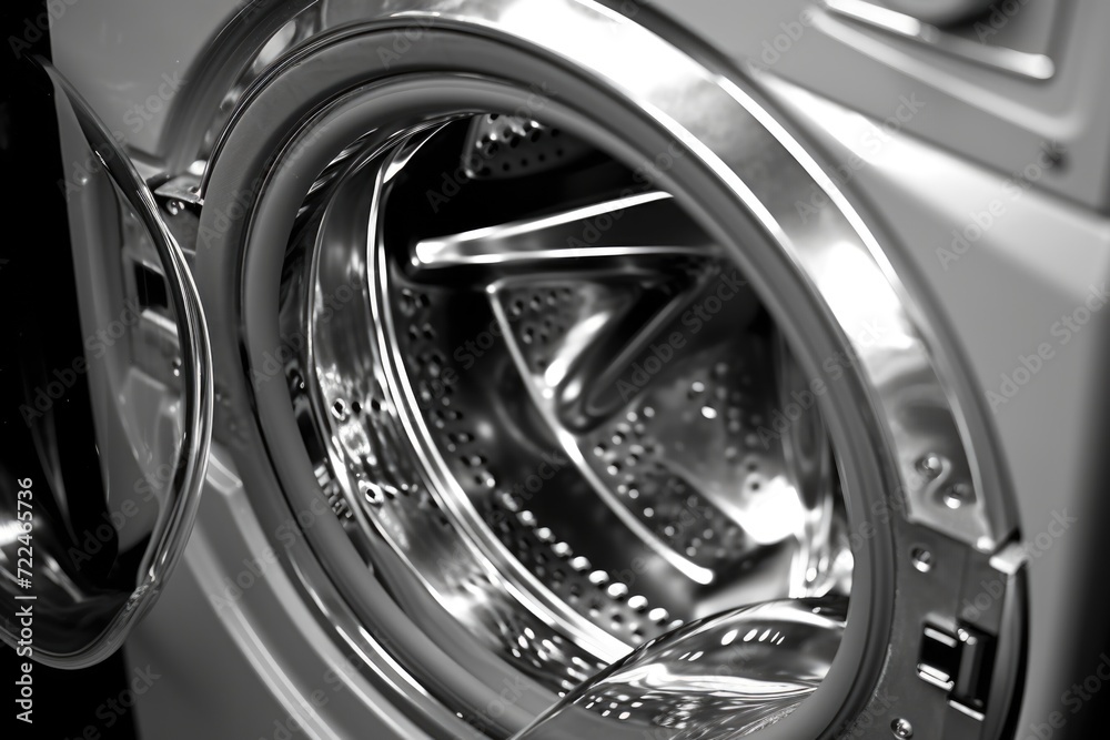 A black and white photo of a washing machine. Perfect for showcasing modern appliances in a minimalist setting