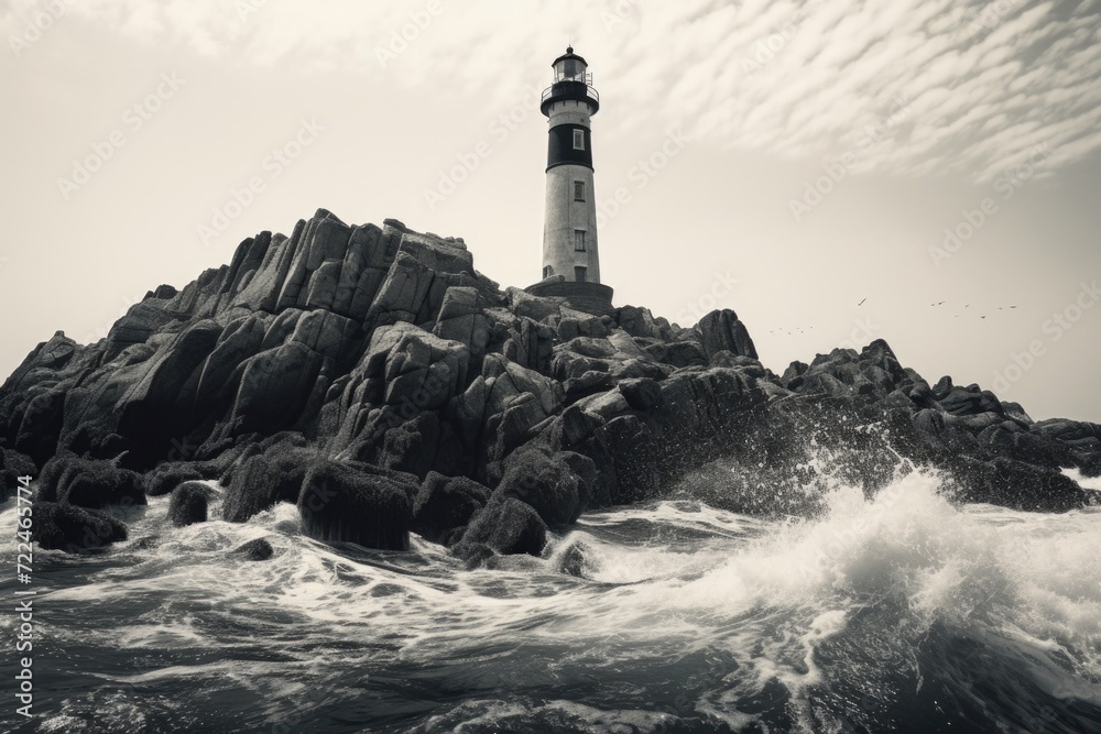 A black and white photo of a lighthouse surrounded by rocks. Suitable for various uses