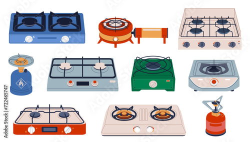 Camping stove. Expedition heating device, cooking in nature, portable outdoor burners, propane fuel, furnaces for picnic, propane hob butane, cartoon flat isolated nowaday vector set