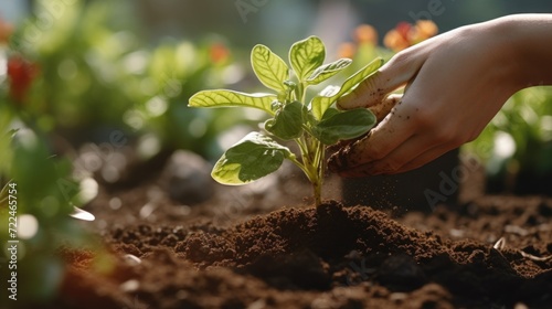A person is planting a plant in the dirt. This image can be used to depict gardening, horticulture, or eco-friendly activities