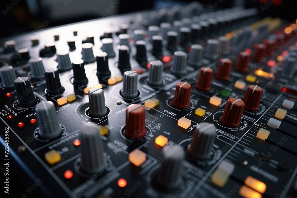 A close-up view of a mixing board with various knobs and controls. This image can be used to illustrate music production, sound engineering, or recording studio concepts A close-up view of a mixing board with various knobs and controls. This image can be used to illustrate music production, sound engineering, or recording studio concepts