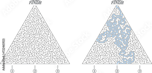 Labyrinth with three entrances. Find the right way and reach the exit of the maze. Mental educational game template with clue. Vector illustration