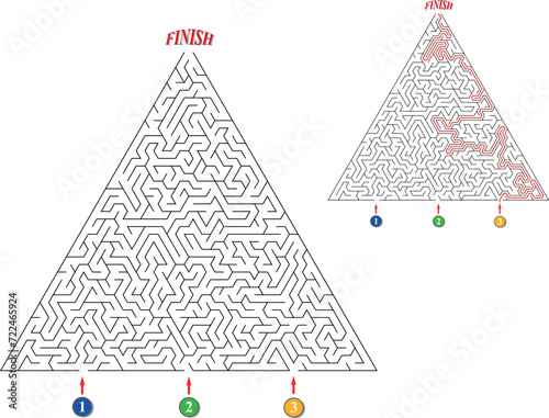 Labyrinth with three entrances. Find the right way and reach the exit of the maze. Mental educational game template with clue. Vector illustration