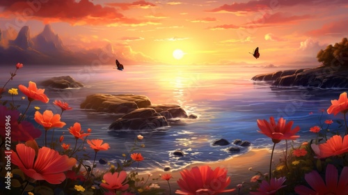Tranquil sunrise over ocean with flowers and butterflies. Nature landscape.