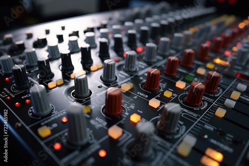 A close-up view of a mixing board with various knobs and controls. This image can be used to illustrate music production, sound engineering, or recording studio concepts