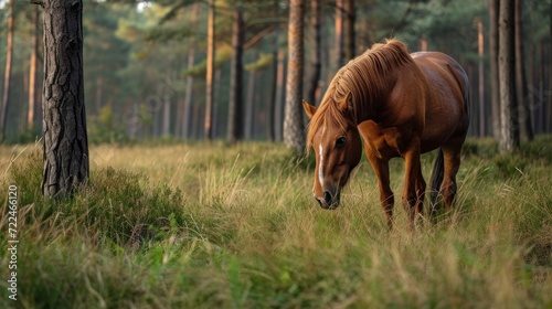  a brown horse standing in a forest next to a tall grass covered forest filled with lots of tall green trees.