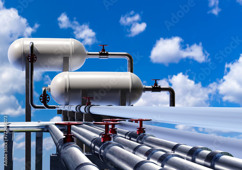 Gas equipment. Oil pipeline under blue sky. Gas infrastructure. Steel pipes for transporting fuel. Pipeline with tanks for supplying liquefied gas. Fuel infrastructure. Methane, propane. 3d image