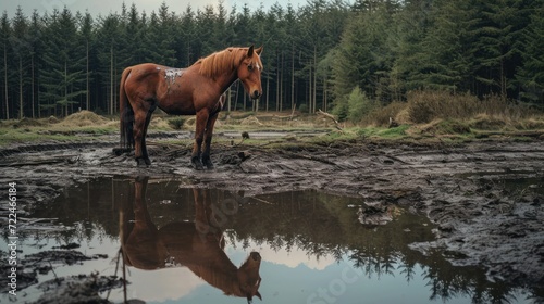  a brown horse standing on top of a puddle of water next to a forest filled with tall grass and trees.