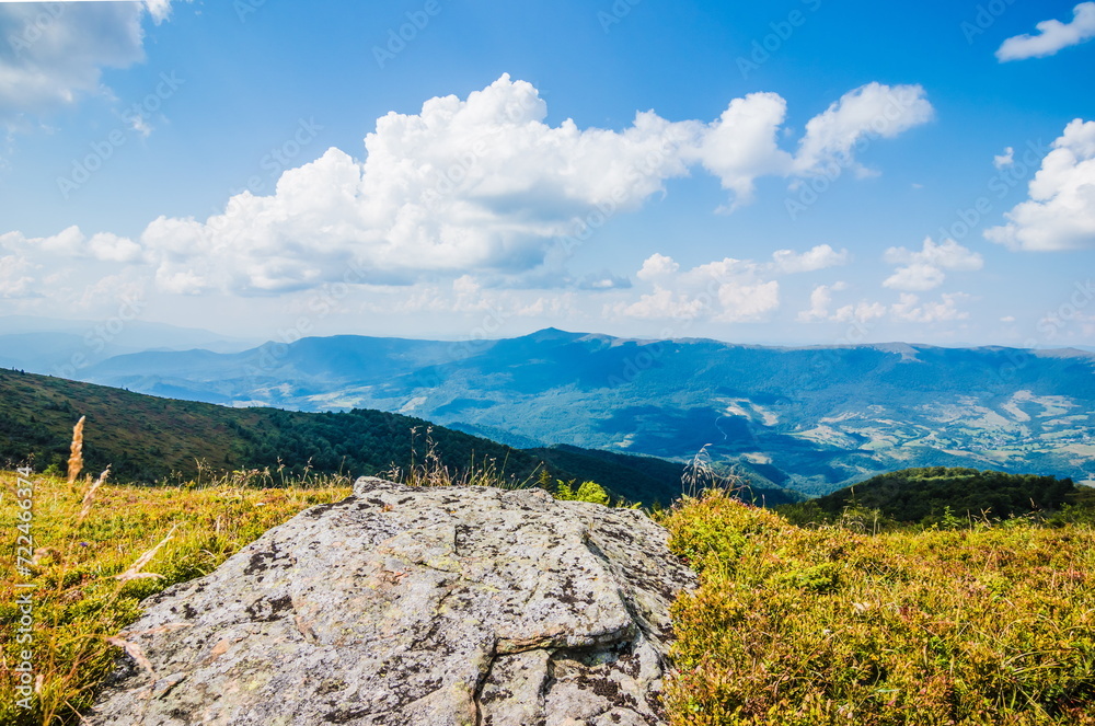 Beautiful view of the Ukrainian Carpathians to the mountains and valleys. Rocky peaks and wood of the Carpathians in late summer. Yellow and green grass, and wildflowers on the mountain slopes.