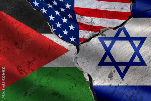 Flags Palestine and Israel. USA mediation in middle east. Crack between state flags. Concept of Palestine against Israel. Influence of USA on conflict two countries. War, confrontation. 3d image photo