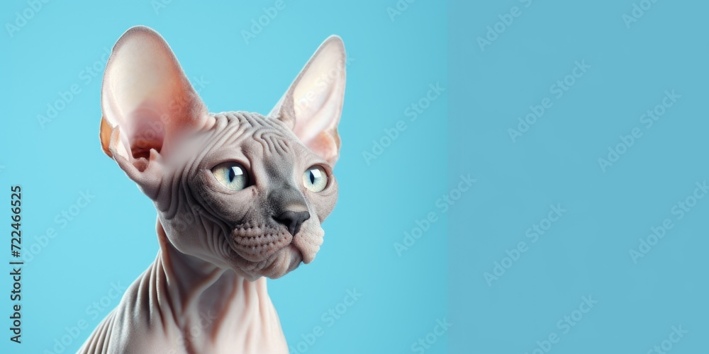 A close-up view of a cat on a blue background. This image can be used for various purposes