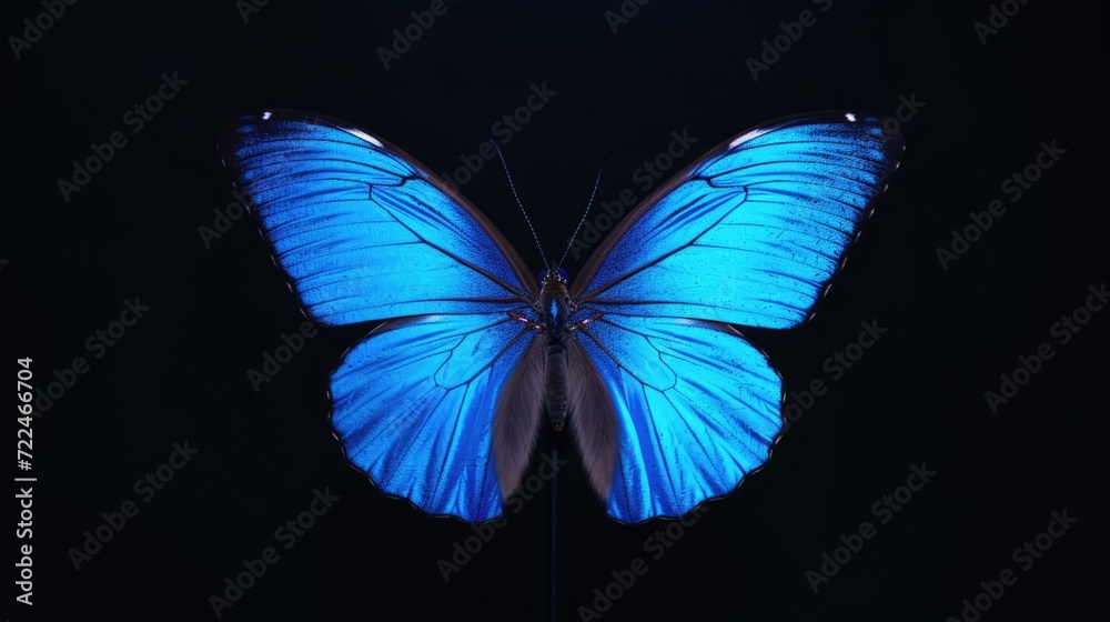 A blue butterfly perched on a sleek black surface. This image can be used to add a touch of elegance and beauty to various projects A blue butterfly perched on a sleek black surface. This image can be used to add a touch of elegance and beauty to various projects