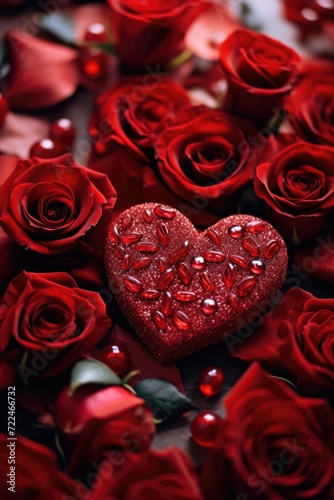 A red heart surrounded by a beautiful arrangement of red roses. Perfect for expressing love and romance. Ideal for Valentine's Day, anniversaries, or any occasion that celebrates love