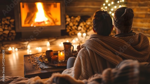 couple enjoying a cozy evening at home, wrapped in blankets and sipping hot cocoa by a crackling fireplace