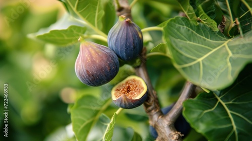  a close up of a fig tree with two figs hanging from it's branches and one of the figs still on it's branch.