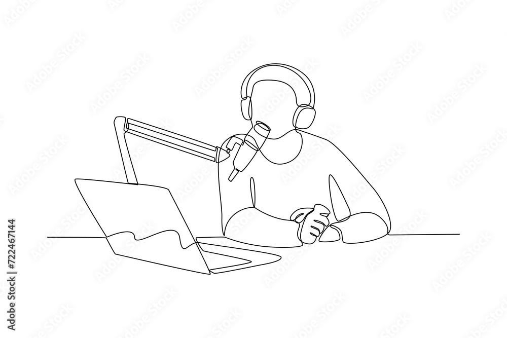 Host a podcast while using a laptop in front of professional microphones - one line drawing. concept of podcast recording, radio interviews, online streaming Host a podcast while using a laptop in front of professional microphones - one line drawing. concept of podcast recording, radio interviews, online streaming
