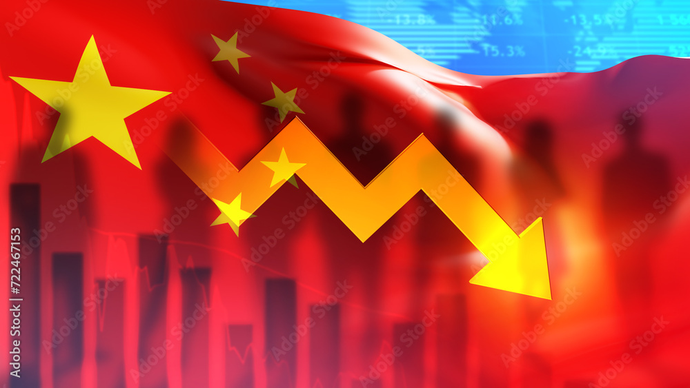 Regression of Chinese economy. Crisis financial chart. Down arrow near