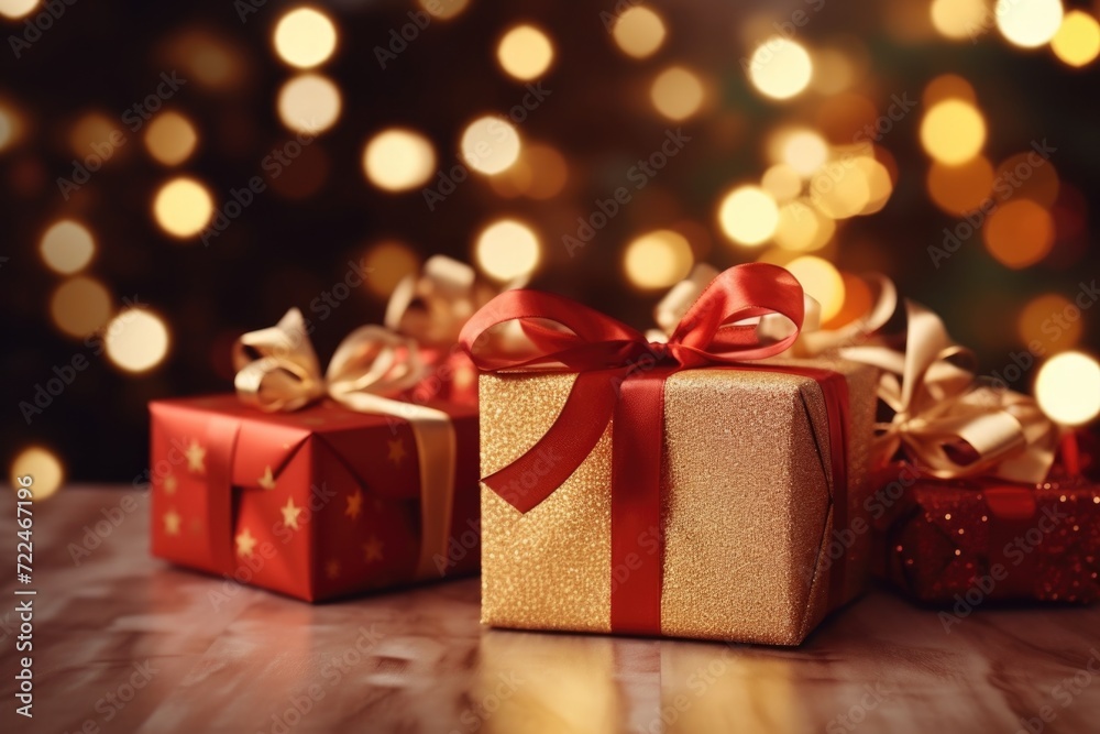 A collection of presents arranged neatly on a sturdy wooden table. Perfect for holiday and birthday celebrations A collection of presents arranged neatly on a sturdy wooden table. Perfect for holiday and birthday celebrations