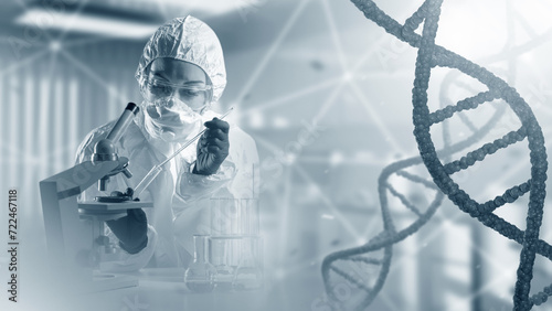 Wallpaper Mural Scientist conducts genetic experiments. DNA strand near laboratory assistant. Woman geneticist in chemical protection suit. Girl doing DNA sequencing. Genetic engineering. Scientist sequences genome Torontodigital.ca