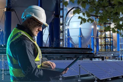 Man engineer adjusts solar ...